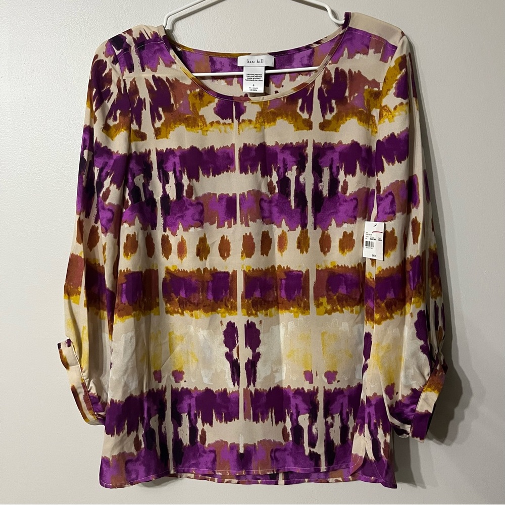 #167 NWT Kate Hill Mulberry and Gold Blouse